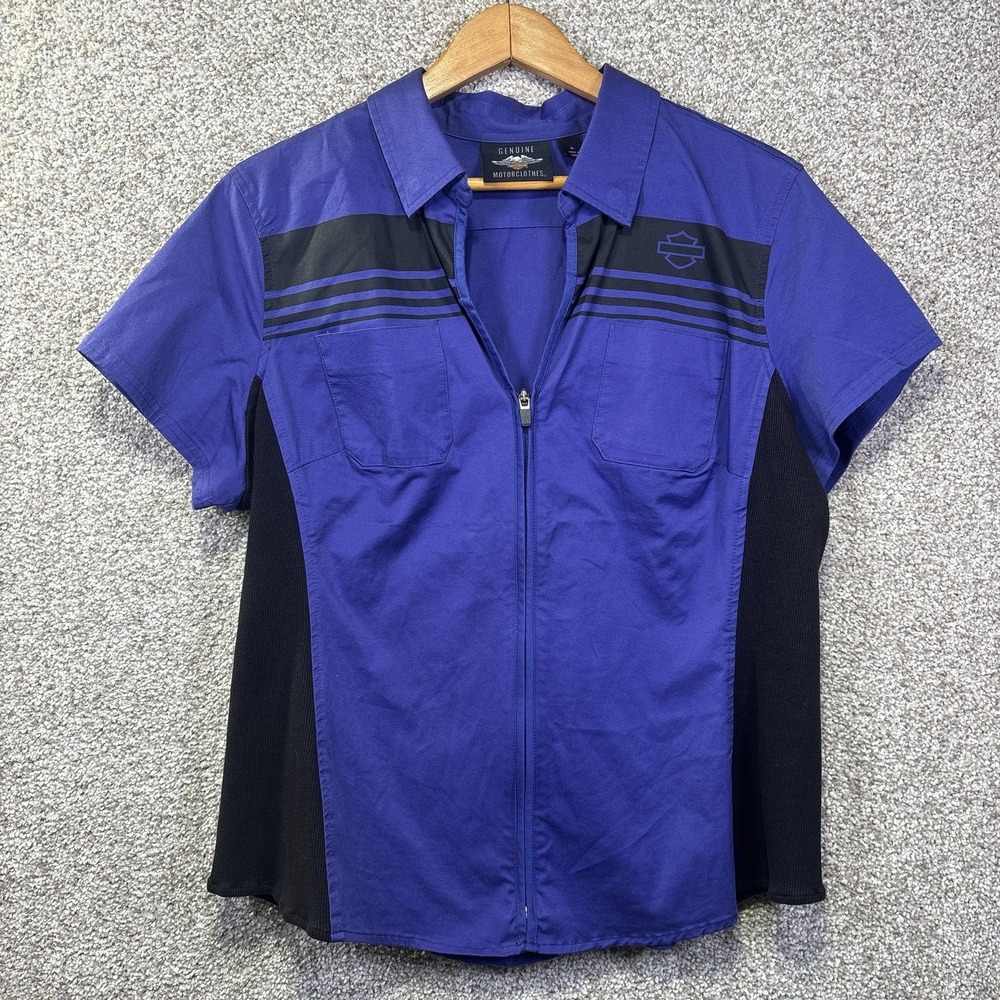 Harley Davidson Shirt Womens XL Purple Zip Front Short Sleeve Stretch Motorcycle